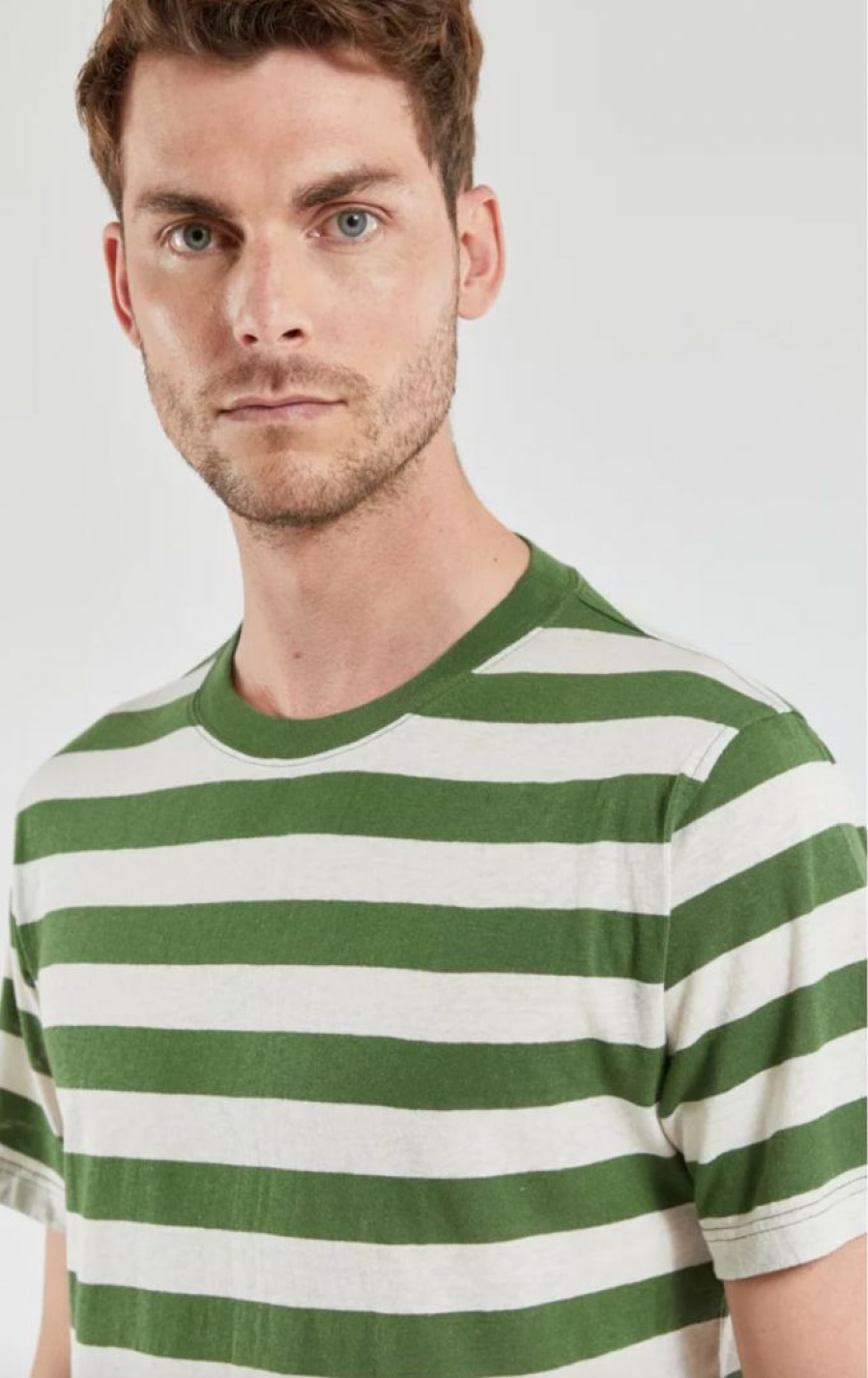 Man * | Coupon Port Northampton Armor Lux Heritage Cotton/Linen Bold Stripe Tee Ficus Green/Nature Man