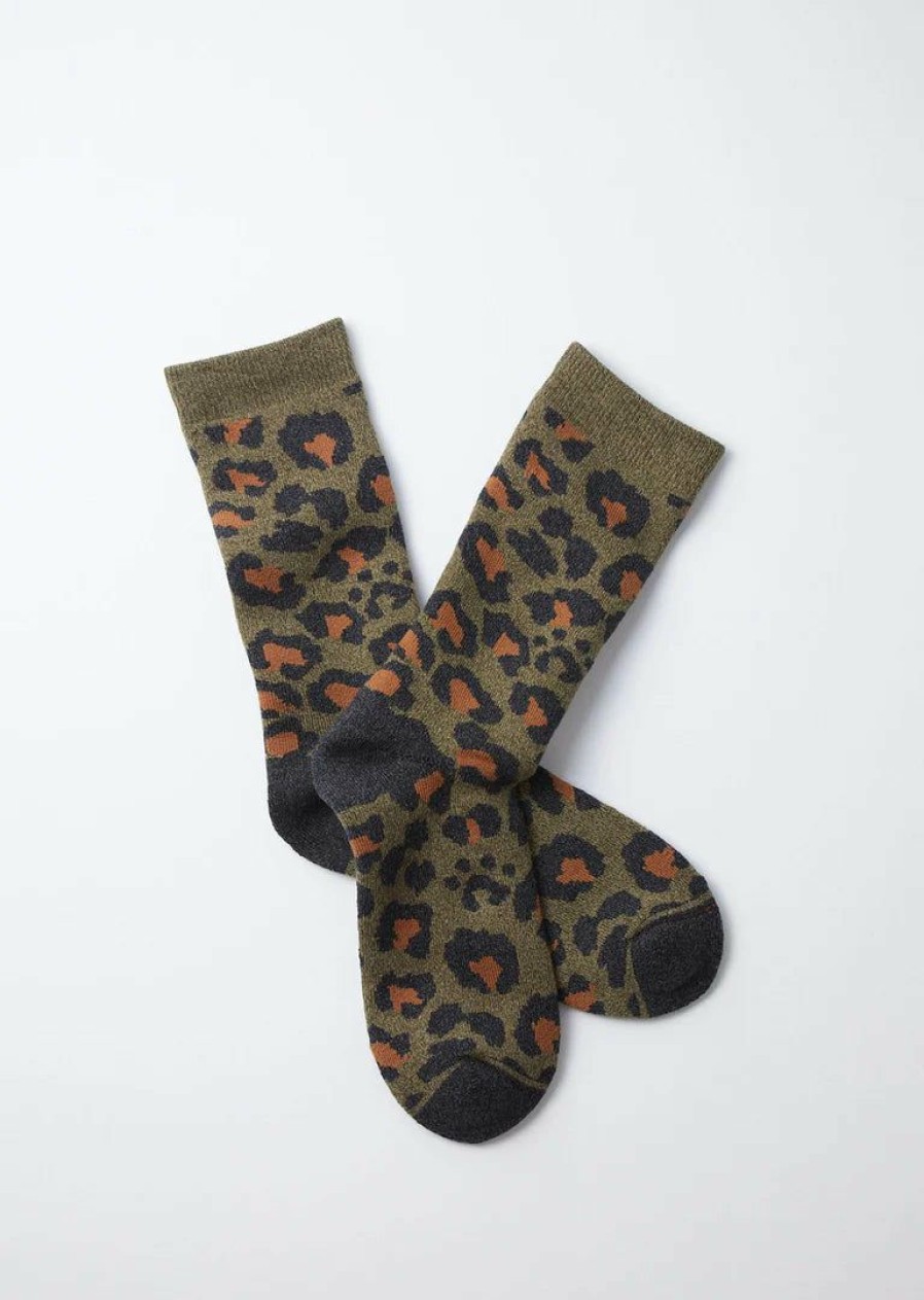 Woman * | Discount Port Northampton Rototo Leopard Pile Crew Socks Dark Olive