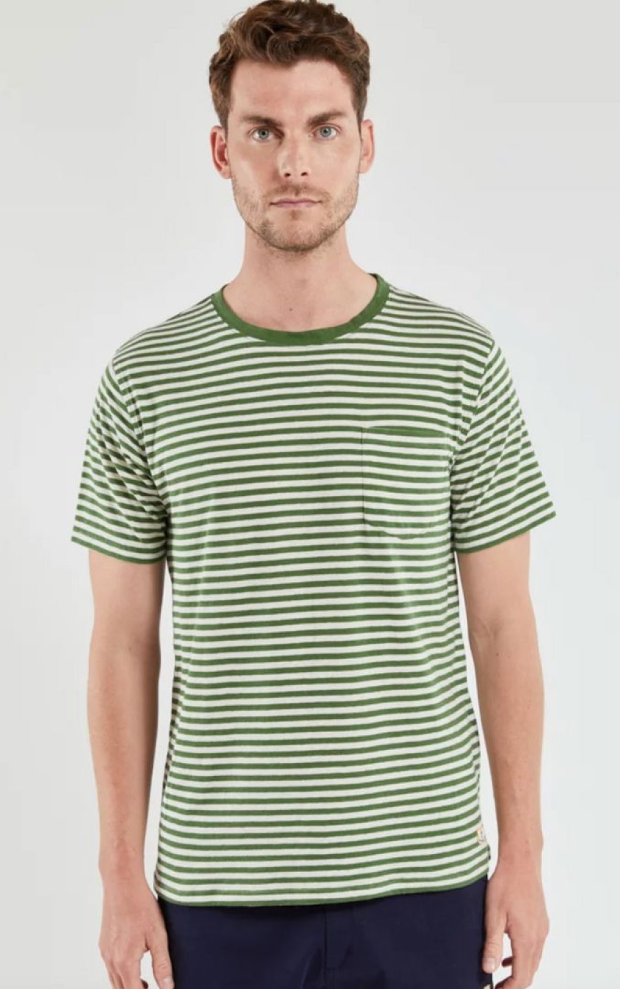 Man * | Hot Sale Port Northampton Man Armor Lux Heritage Fine Stripe Cotton/Linen Tee Ficus Green/Nature