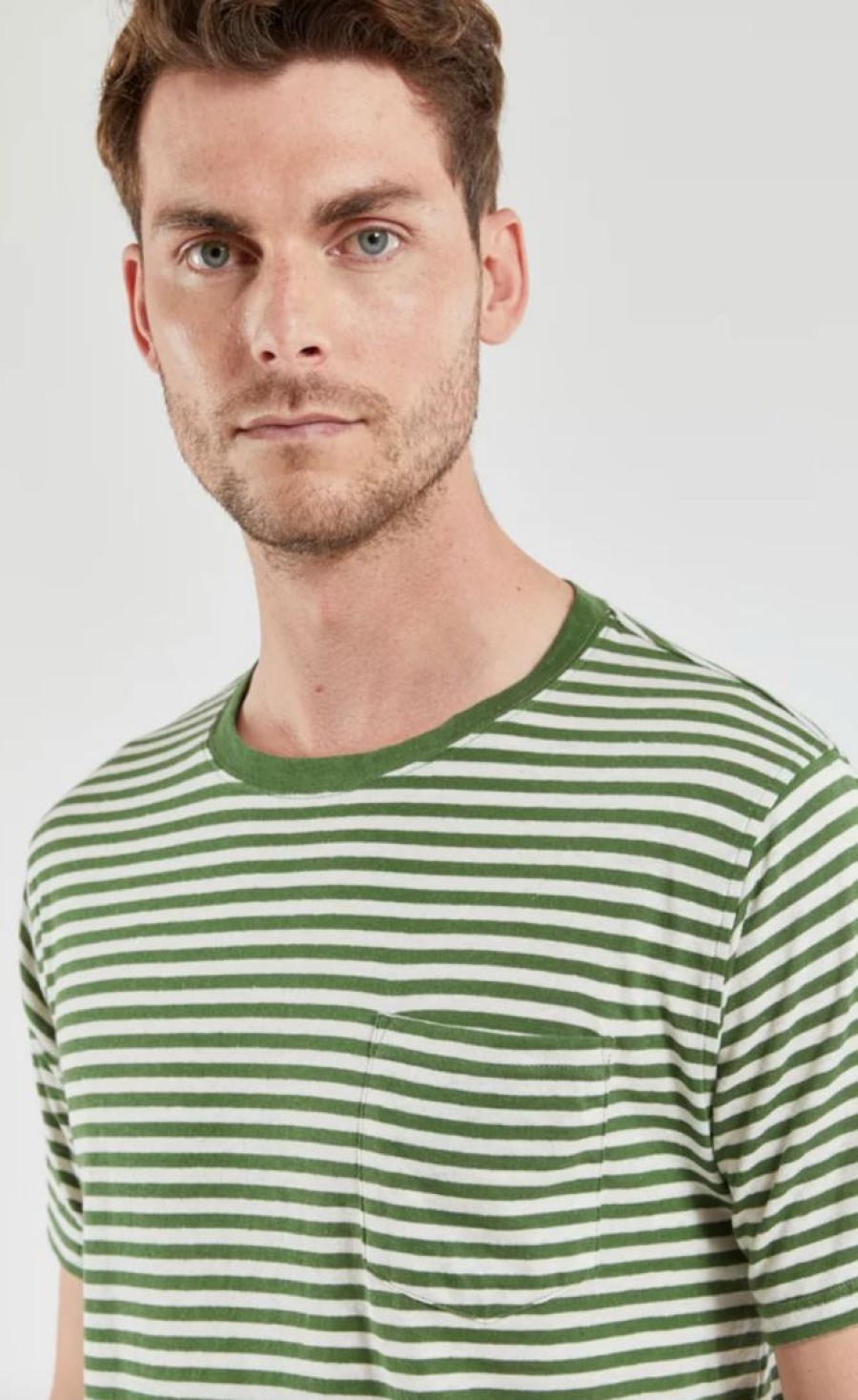 Man * | Hot Sale Port Northampton Man Armor Lux Heritage Fine Stripe Cotton/Linen Tee Ficus Green/Nature